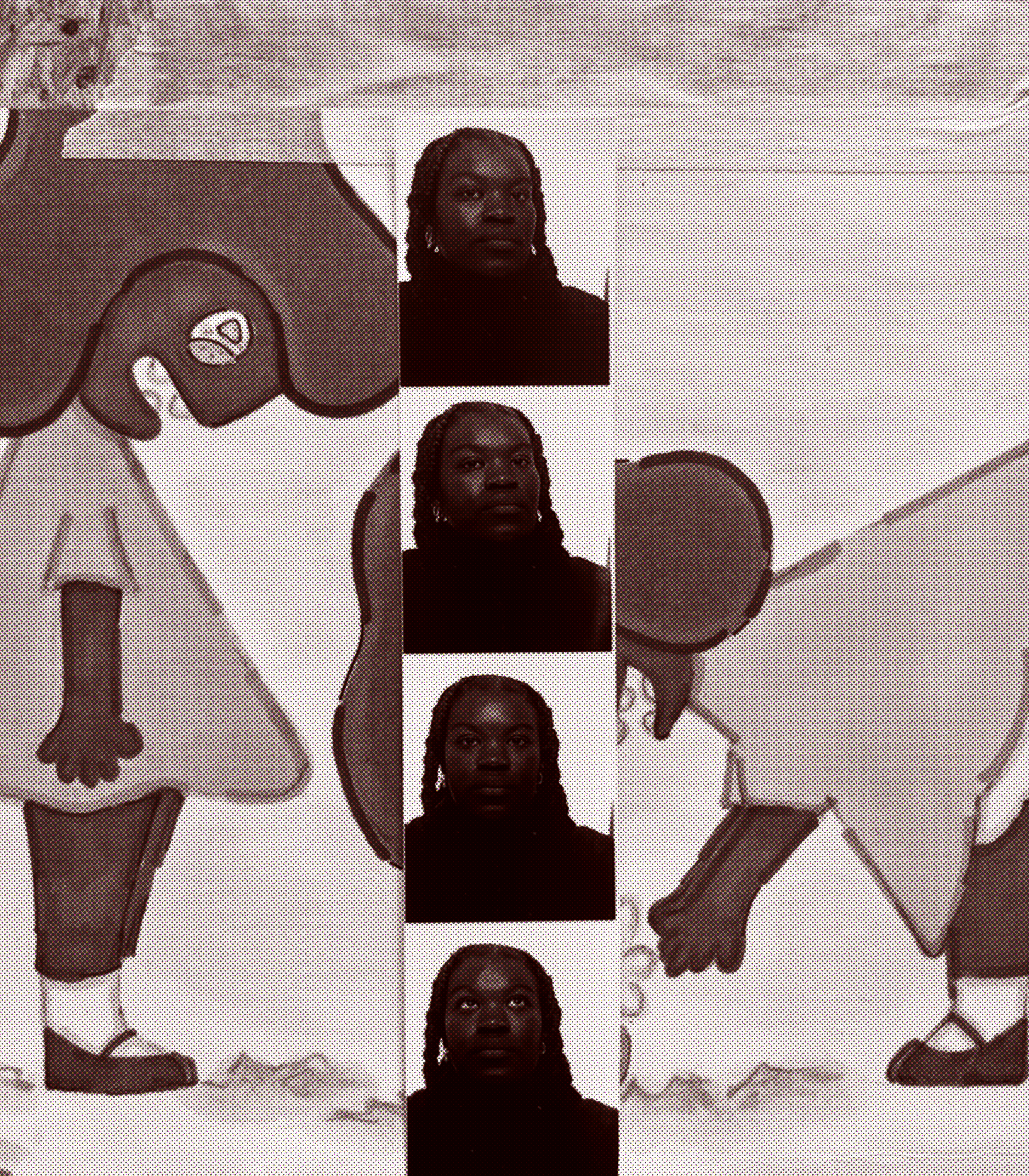 A collage featuring a person with braided hair in black clothing, several cutouts of the same woman, and cartoon paintings.