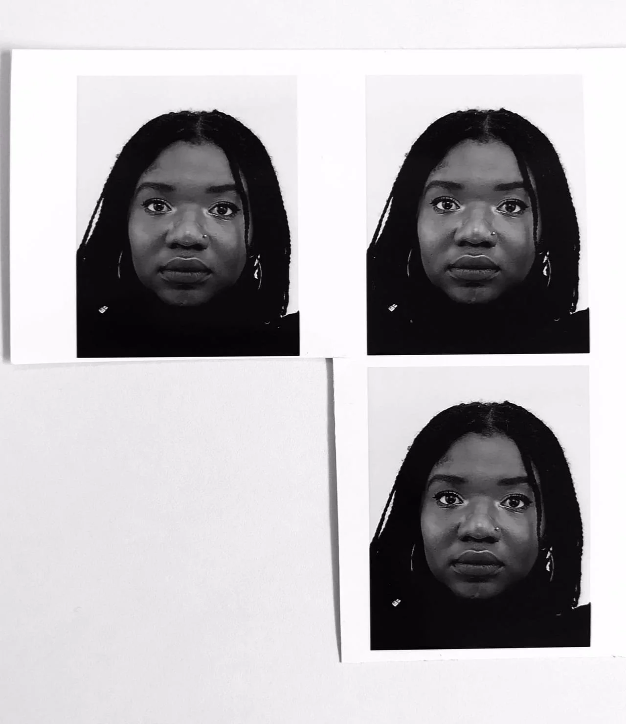 Black and white photos of a woman's face, arranged in a grid on a white background.