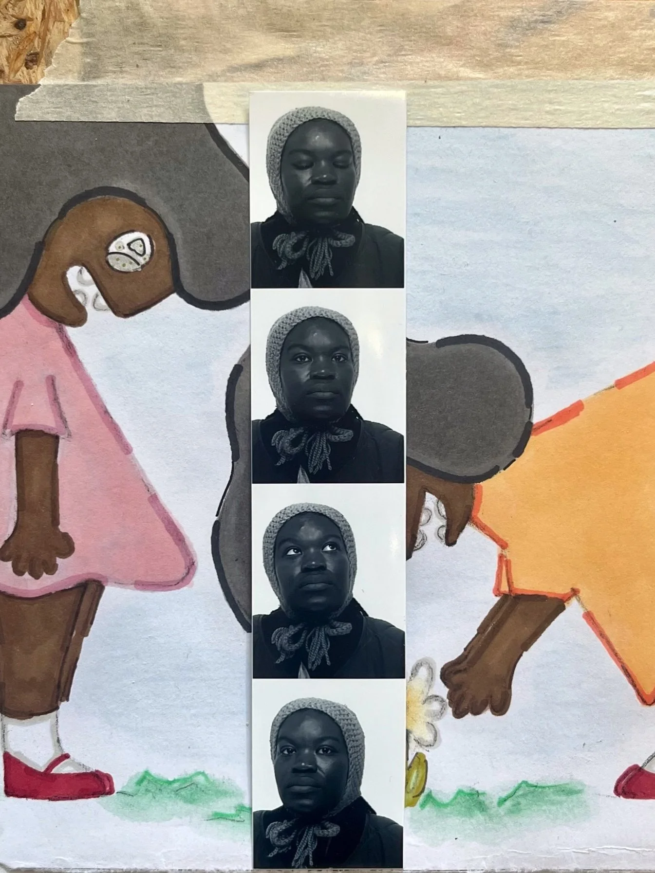 A colorful drawing of cartoon children holding hands, with four black-and-white photographs of a woman's face and head in a vertical strip in the center.