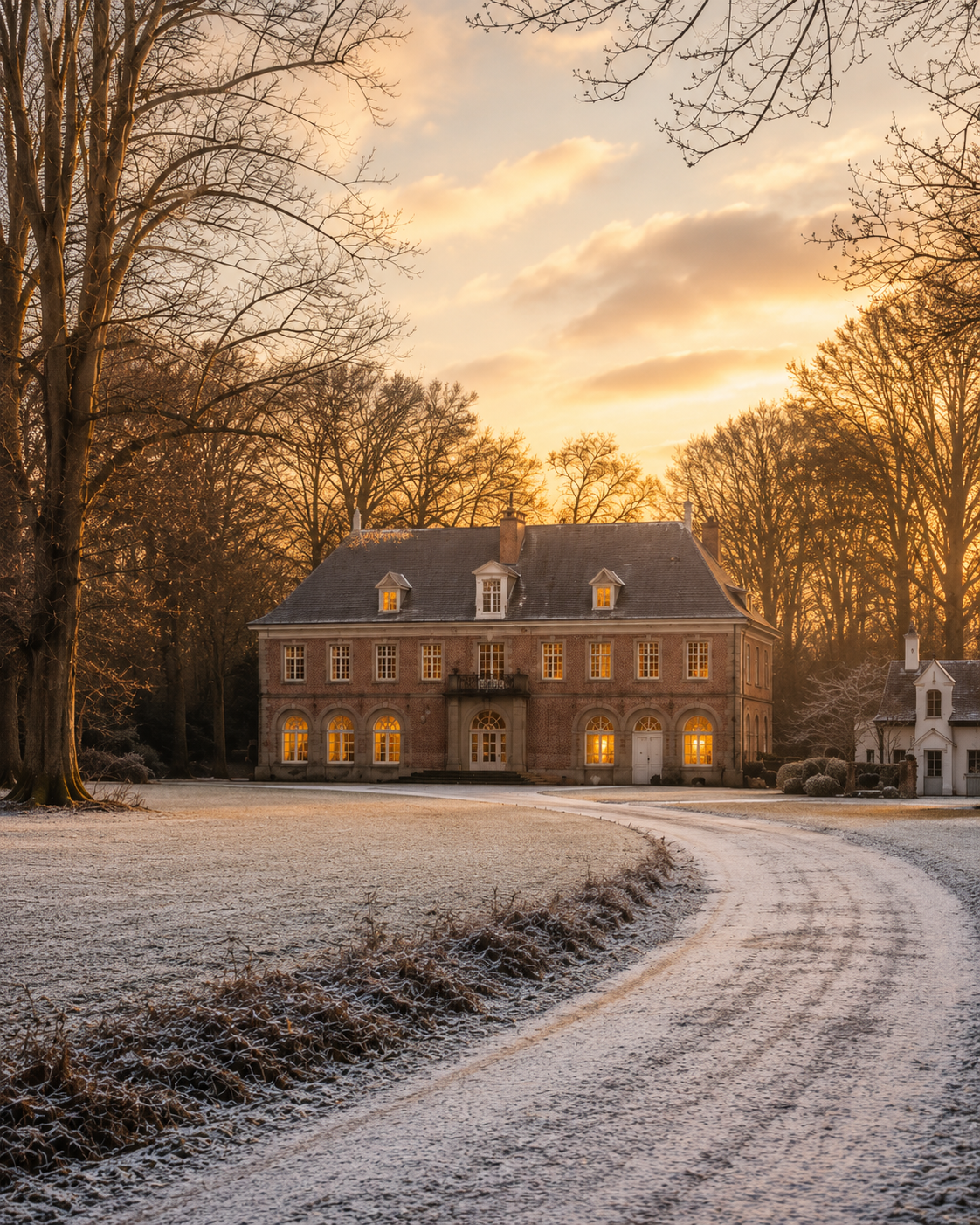 Sfeerbeeld van een landhuis tussen bomen, met een winters grasveld en warm avondlicht.