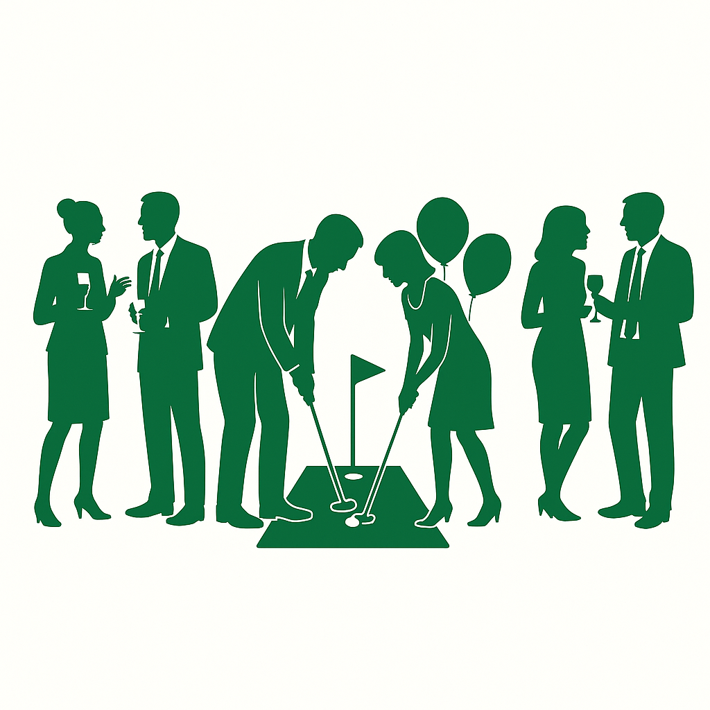 Silhouette of six people at a social gathering, some playing mini-golf, others holding drinks and talking, with balloons in the background.