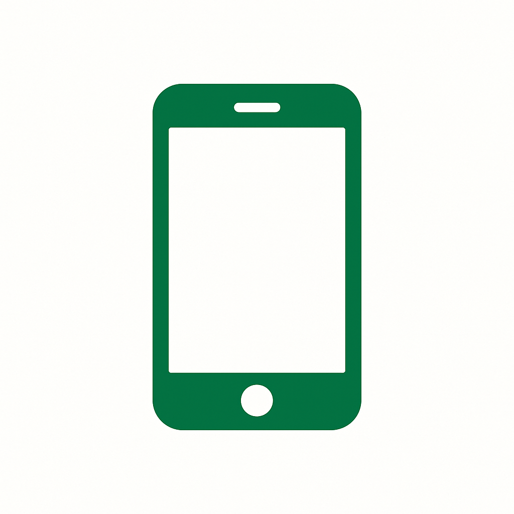Green icon of a smartphone with a blank screen and a circular home button at the bottom.