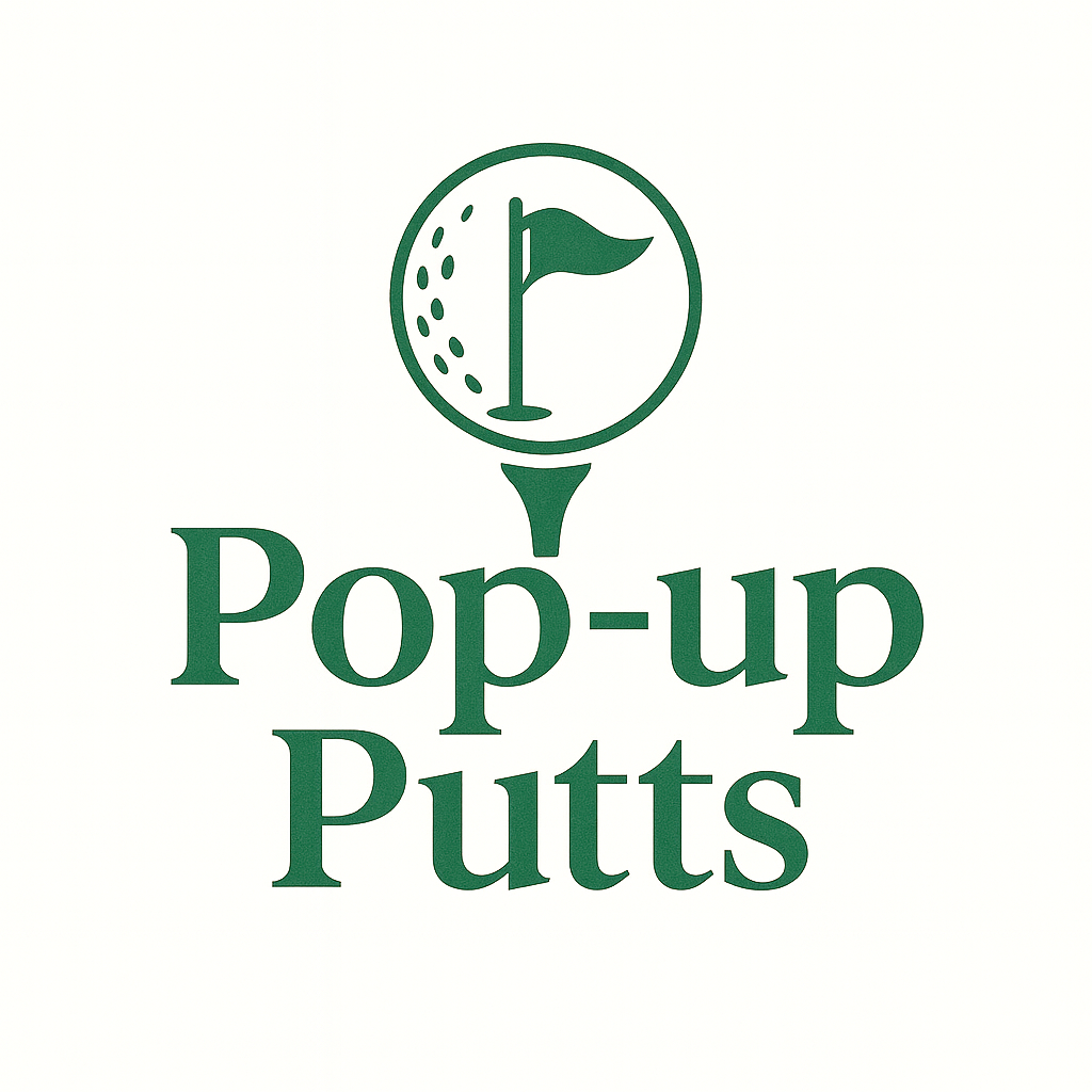 Logo with a golf hole and flag above the words 'Pop-up Putts' in green font.