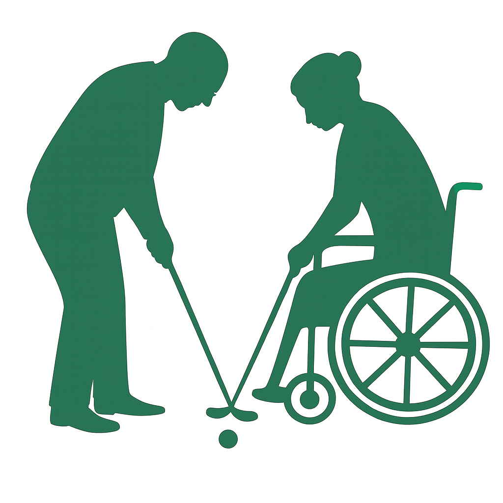 Silhouette of a man standing and a woman in a wheelchair playing golf together.