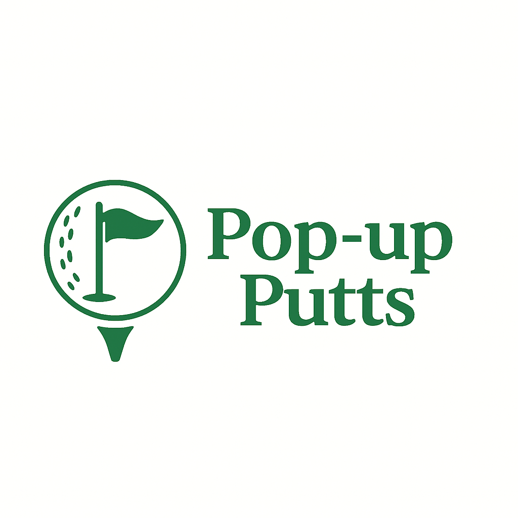 Green logo with a golf hole and flag icon next to the text "Pop-up Putts" on a white background.