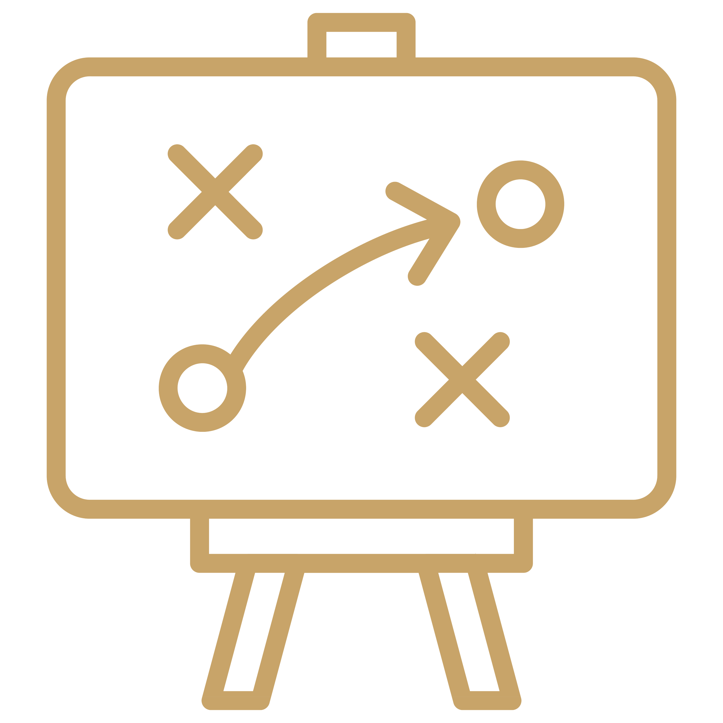 Outline of a presentation board with a sports strategy diagram showing X's, O's, and a play arrow.