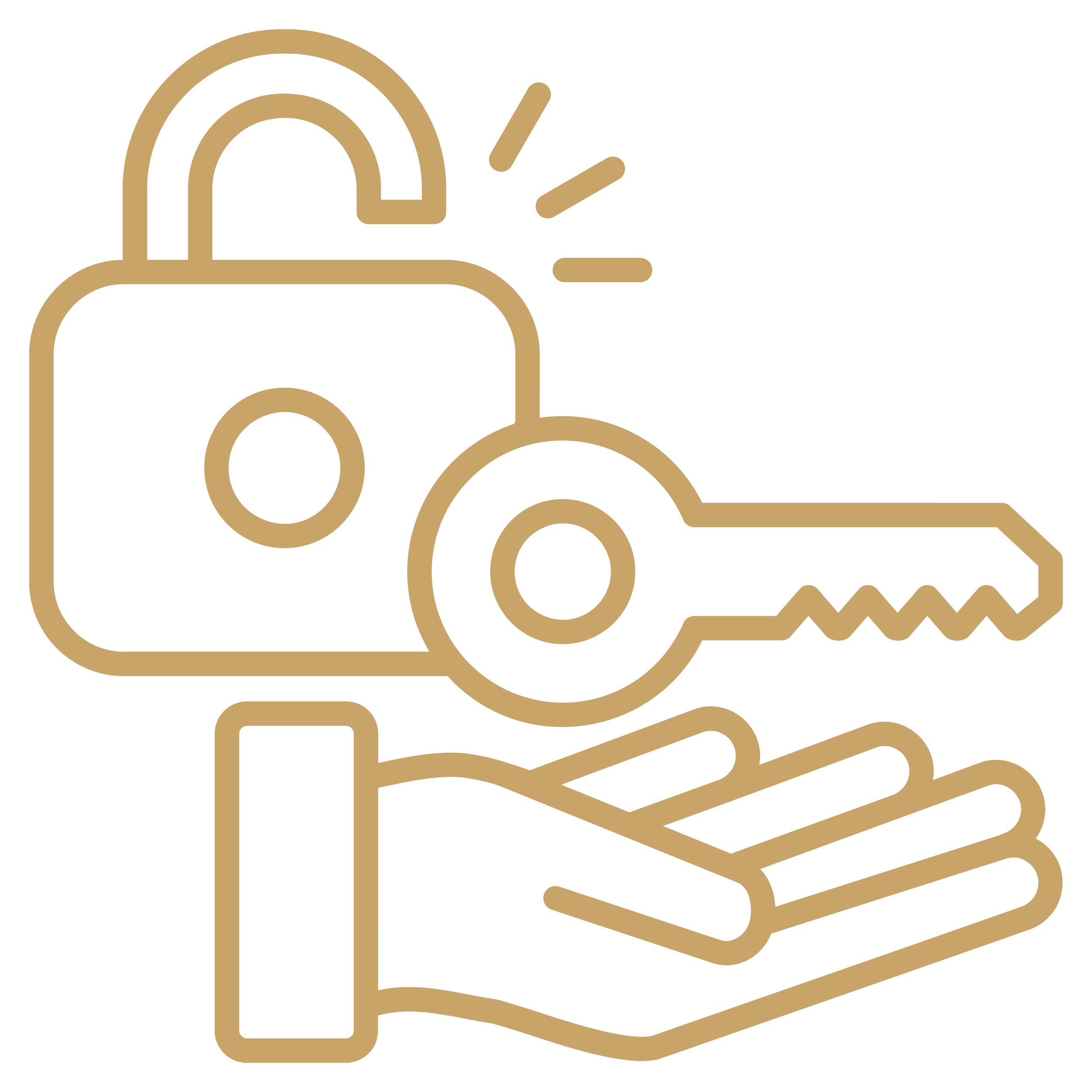 Outline of a hand holding a key with a padlock.