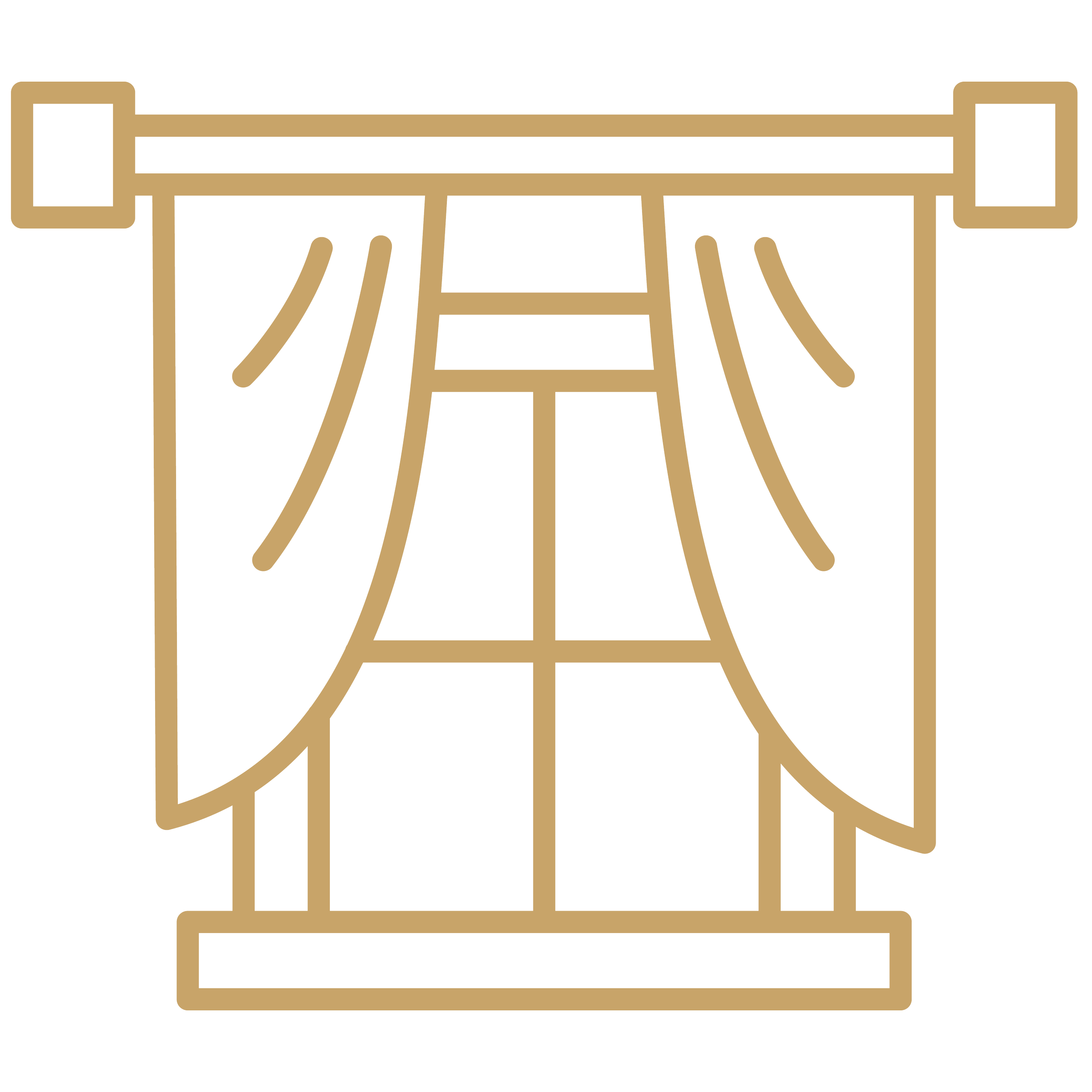 A line drawing of a window with curtains hung on a rod. The window has multiple panes.