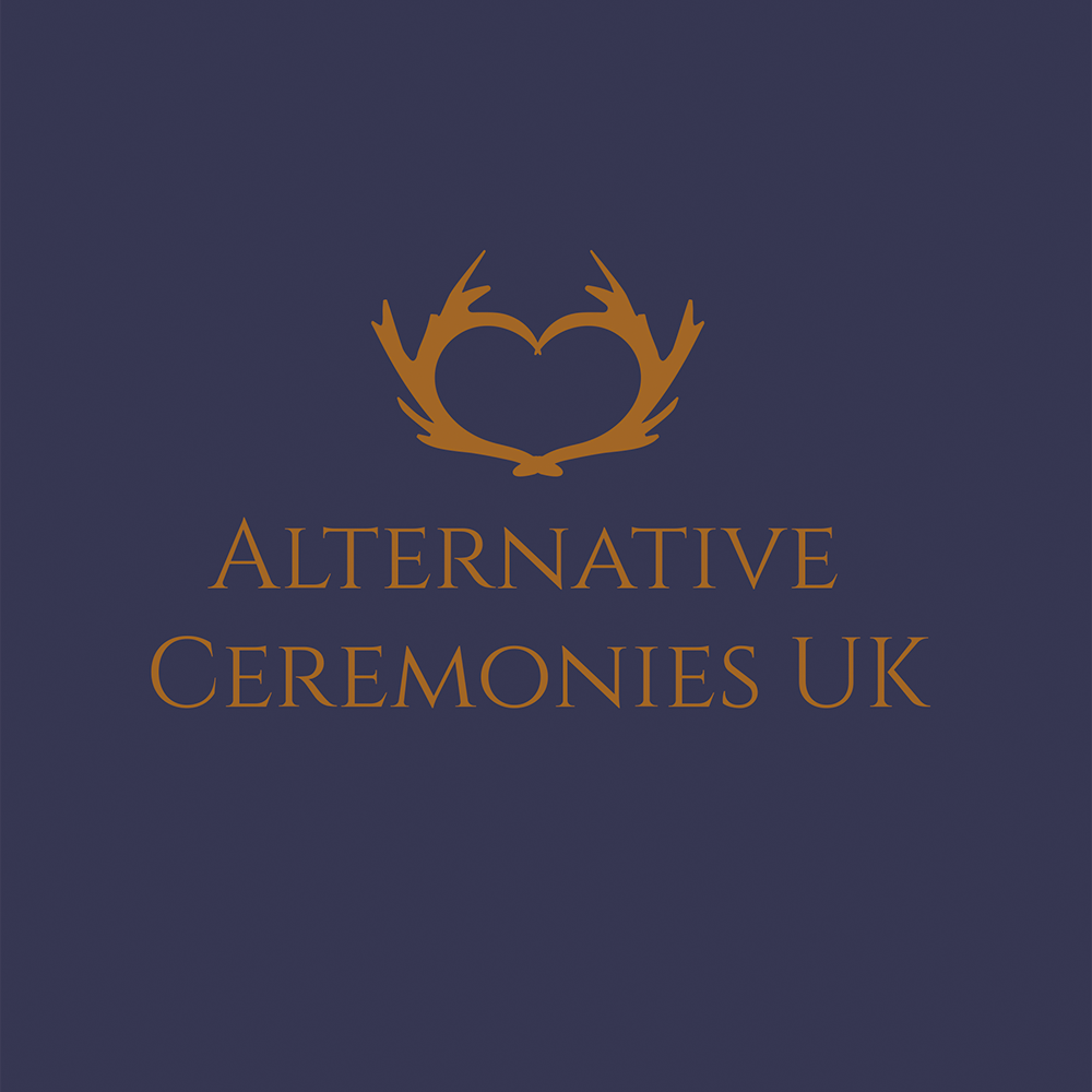 Graphic of two brown antlers forming a heart, with the text "ALTERNATIVE CEREMONIES UK" written below in brown on a dark blue background.