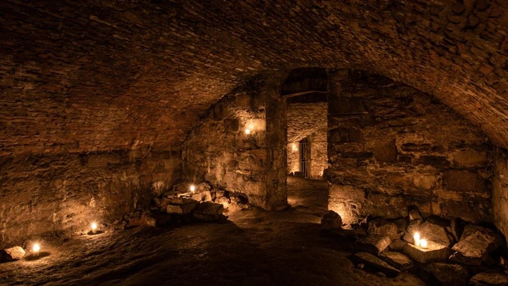 undercround room with low brick vaulted ceiling and candles flickering in nooks and pedestals around the room