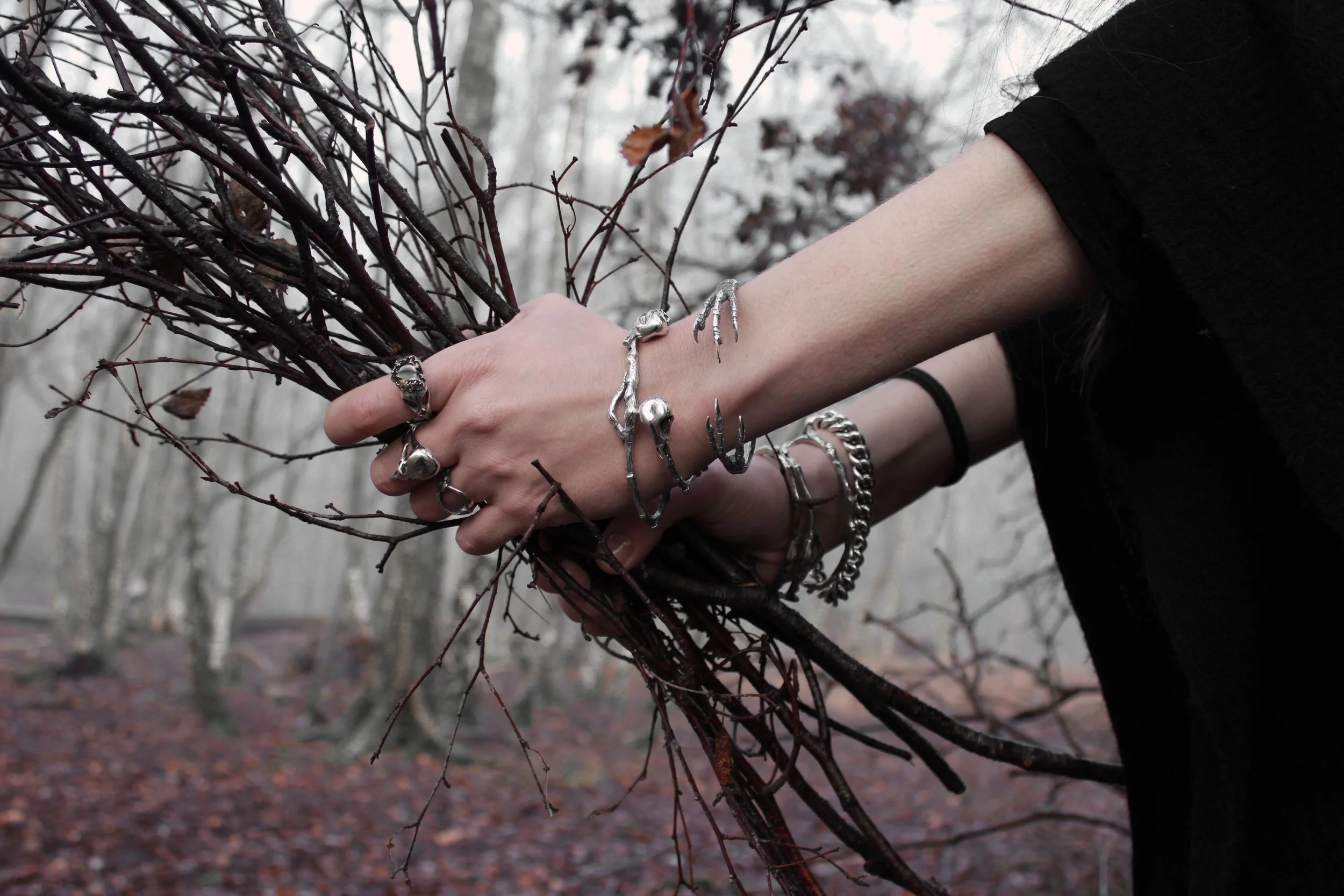 A person in a black shirt holding a bundle of leafless branches, adorned with various silver jewelry including rings, bracelets, and a chain.
