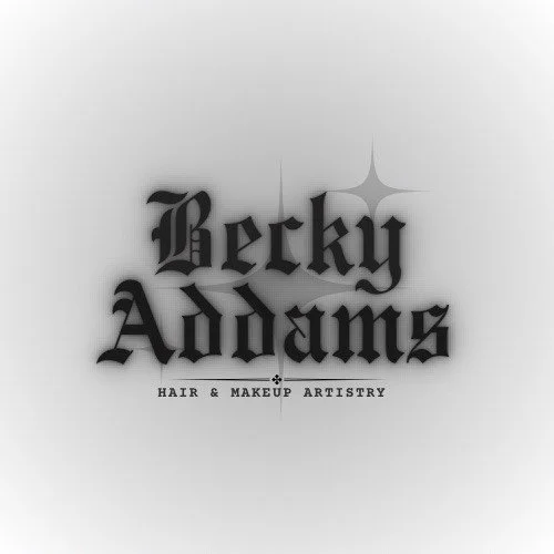 Logo for Becky Adams Hair & Makeup Artistry with a black gothic font and sparkles on a light gray background.