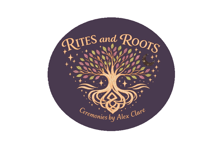 Logo for Rites and Roots with an illustration of a tree with colorful leaves, roots intertwined, a crescent moon, and stars, in a mystical style.