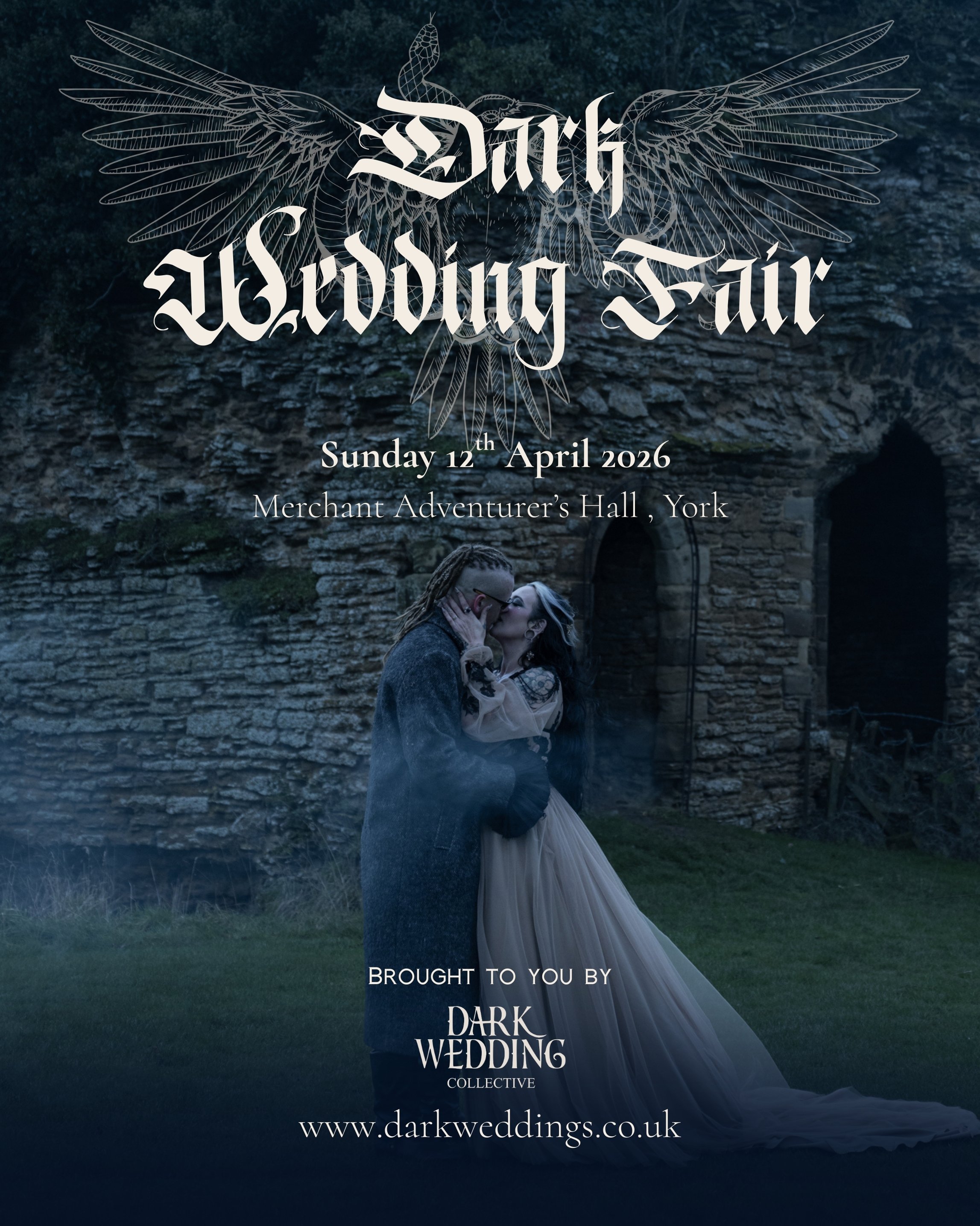 A wedding invitation poster with gothic font and a dark background. It features a couple in wedding attire embracing and kissing, with a stone castle wall in the background. Text includes the event date, location, and sponsoring organization.