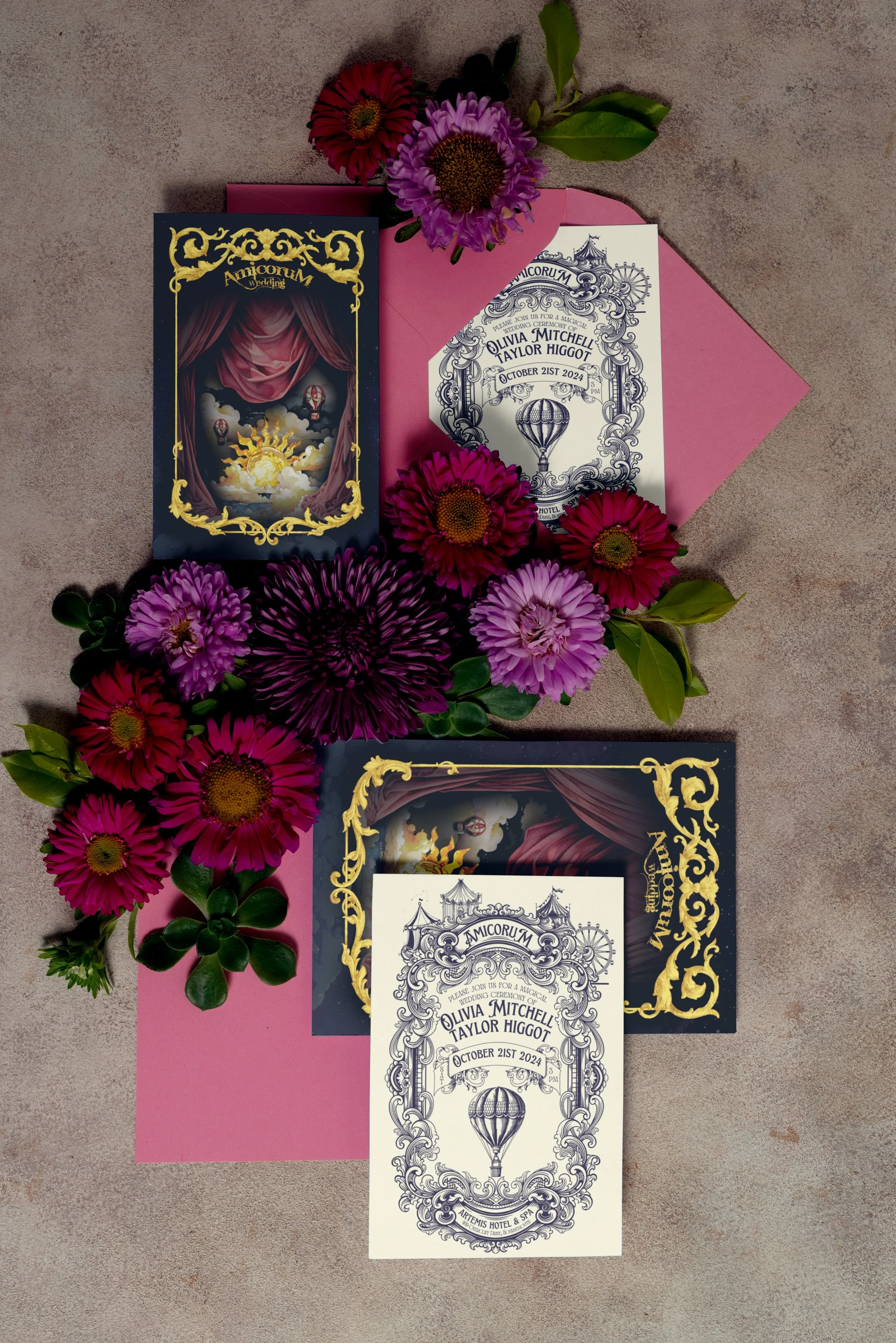 Wedding invitation, vibrant colorful flowers, pink envelopes, and ornate decor on a flat surface.