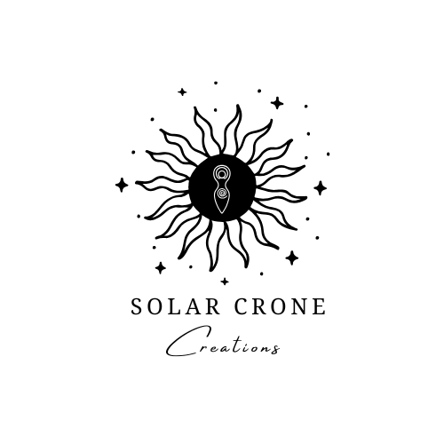 A black sun with wavy rays and small stars around it, logo for Solar Crone Creations, written in elegant font.