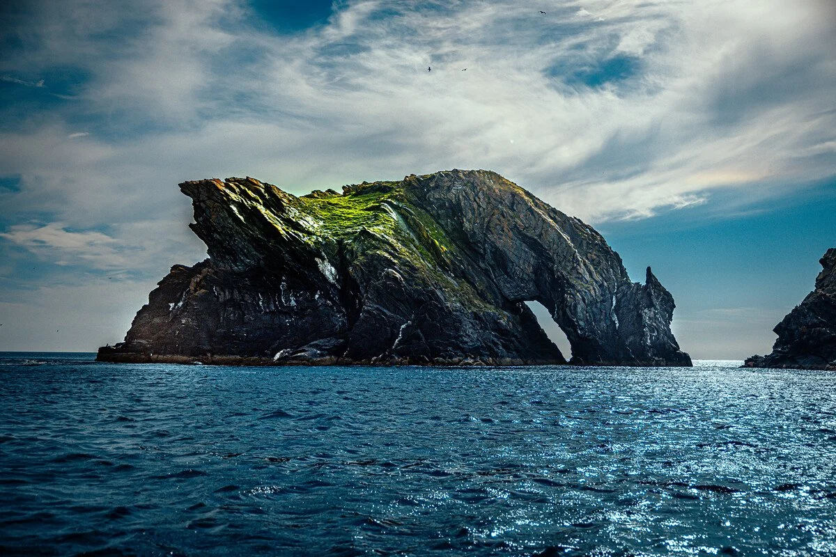 Rock formation jutting out of the sea looks like a dragon drinking from the sea