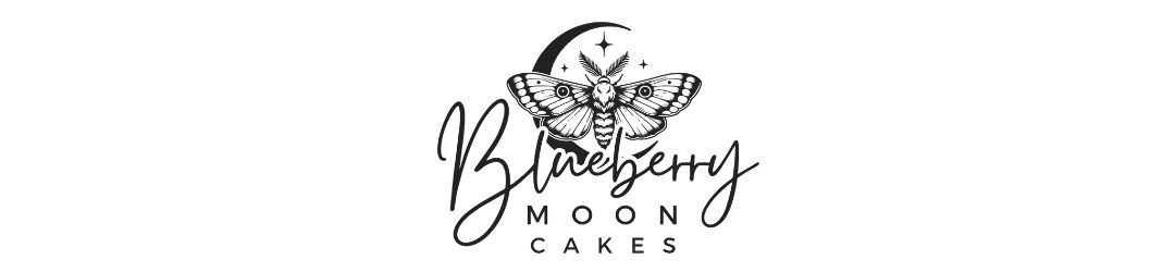 Logo for Blueberry Moon Cakes featuring a moth with a crescent moon in the background and cursive text.