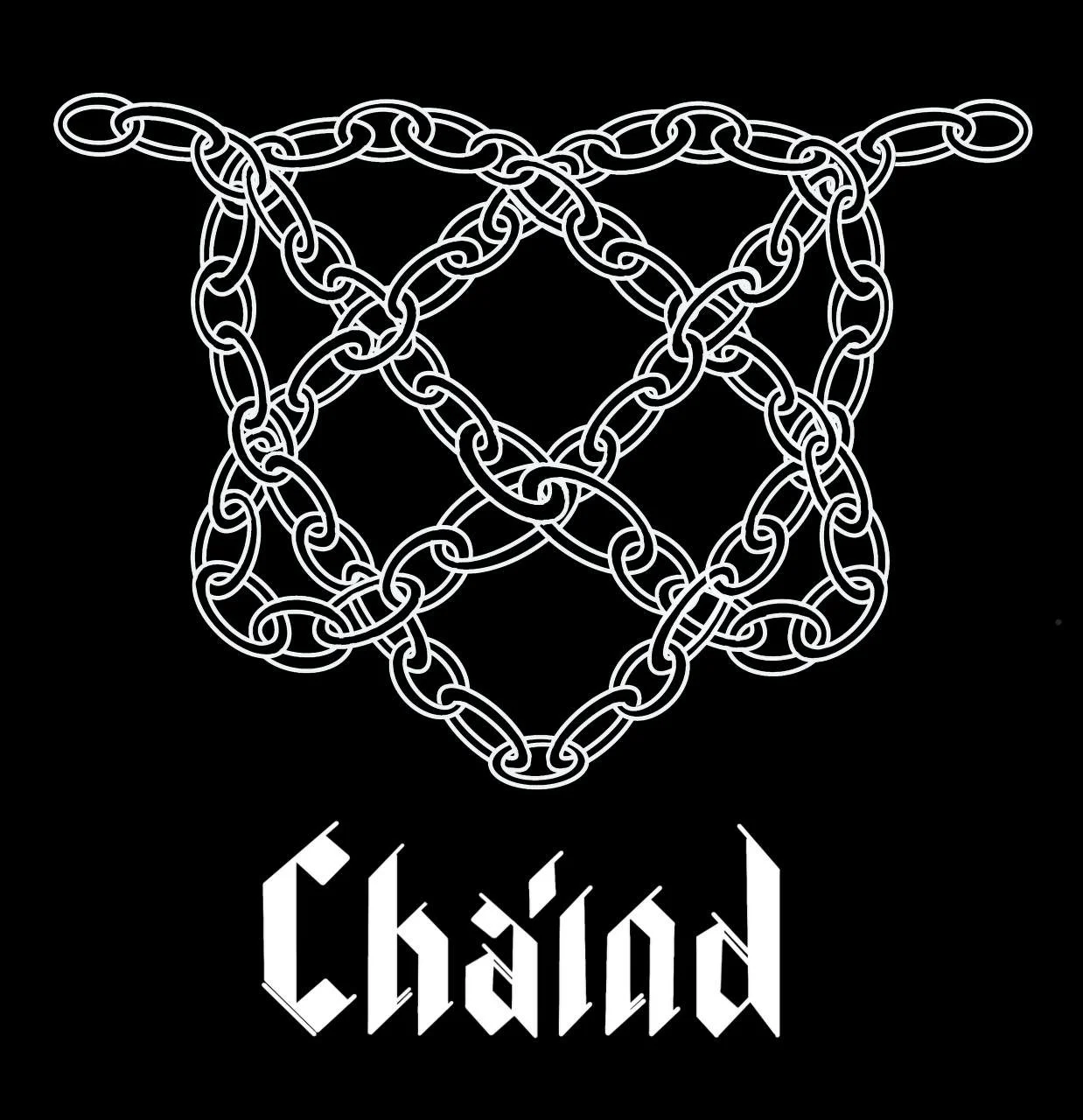Black background with white outline of a complex chain pattern forming a shield-shaped design, with the word "Cháld" written in stylized gothic font below.