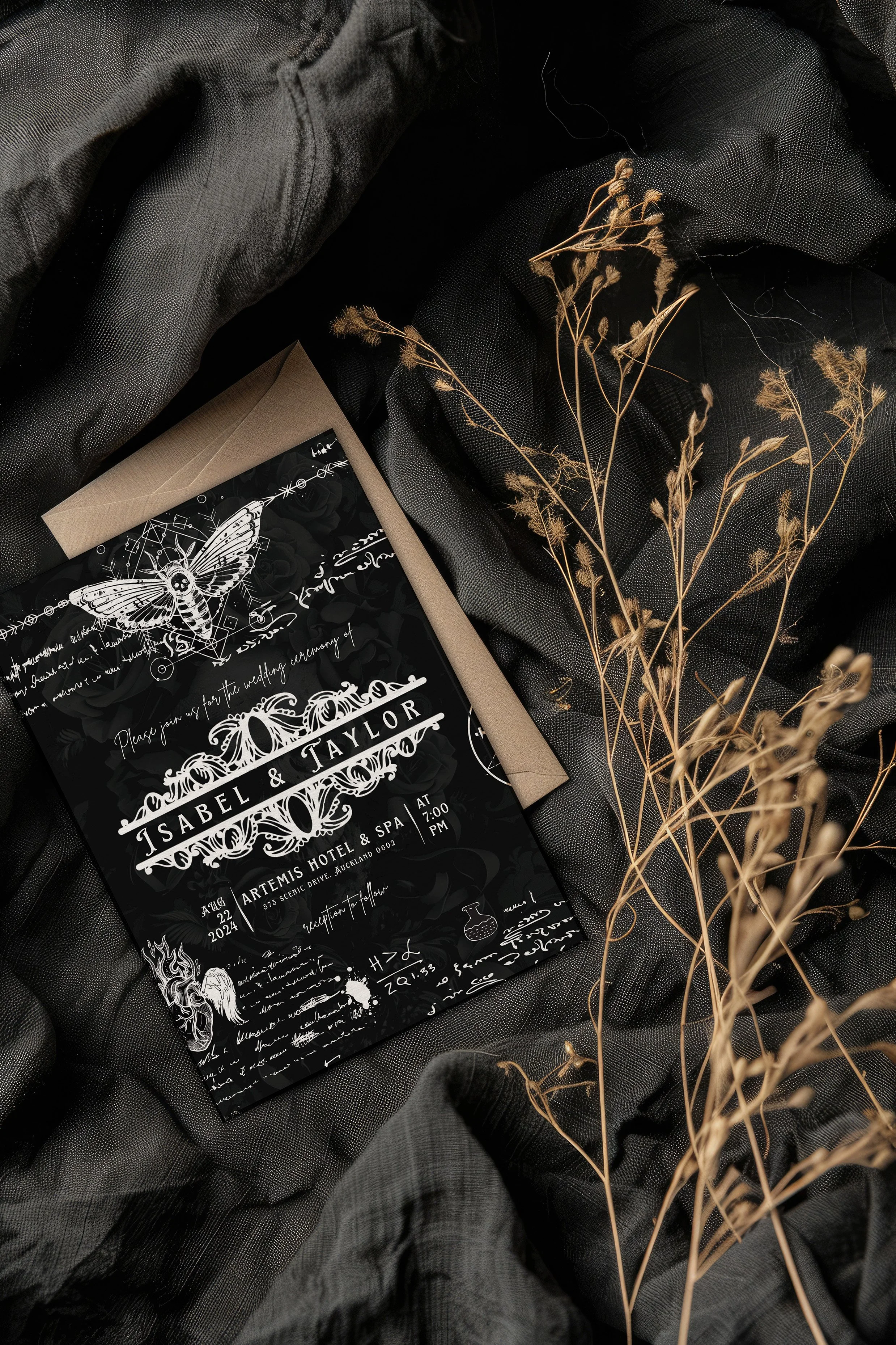 Black wedding invitation with white ornate text and illustrations resting on black fabric, surrounded by dried grass.
