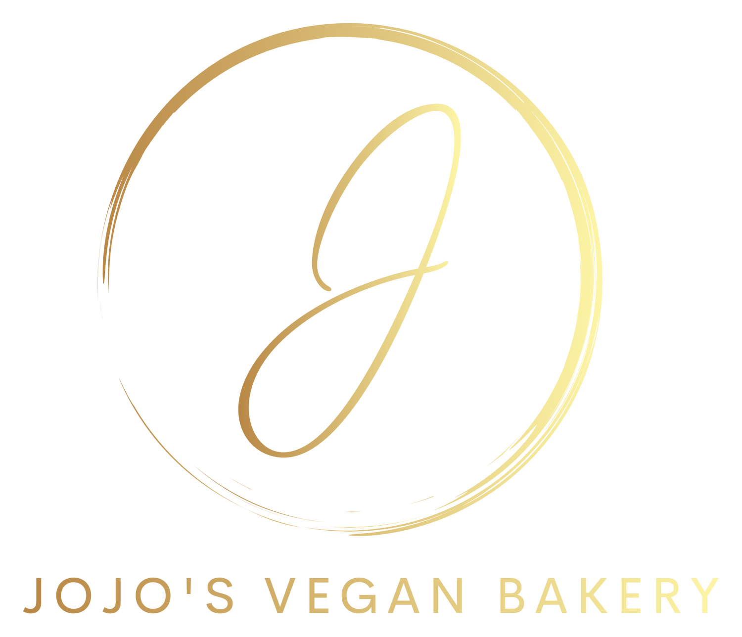 A circular logo with a gold outline featuring a stylized letter 'J' in gold, and the text 'JOJO'S VEGAN BAKERY' underneath in gold lettering on a black background.