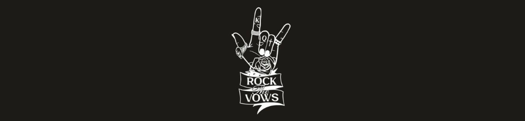 A black background with a white line drawing of a hand making a rock and roll sign, with the middle finger and pinky finger raised, along with a peace sign. The hand has a bandage on the index finger. Below the hand is a banner that reads "ROCK THE VOWS" with a rose underneath.