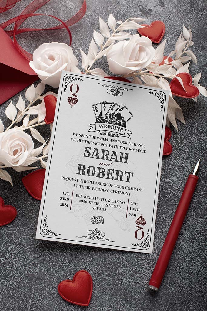 Wedding invitation for Sarah and Robert, decorated with roses, hearts, and playing cards, featuring red and white accents, on a textured gray surface with a red pen nearby.