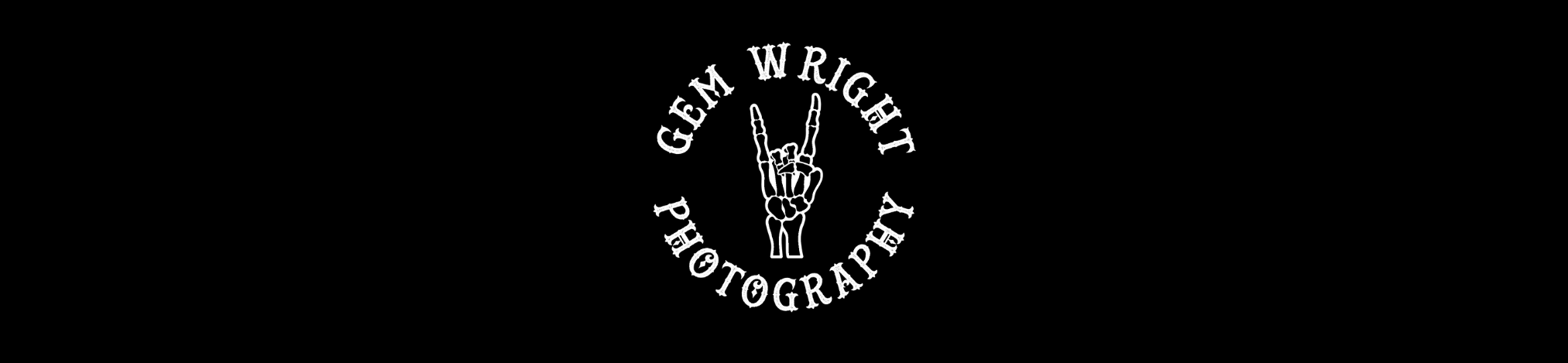 Black background with white text and a hand making the rock and roll sign. The text reads 'GEM WRIGHT PHOTOGRAPHY' in a circular pattern around the hand.