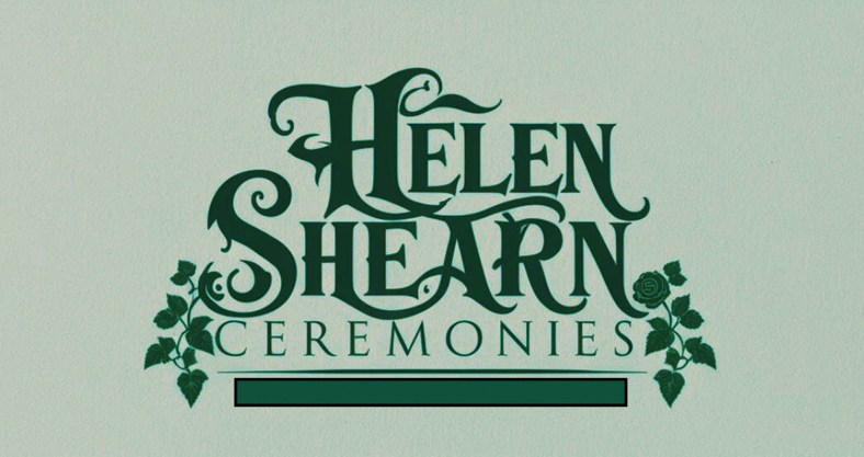 Logo for Helen Shearn Ceremonies with stylized green text and decorative leaves and rose accents.