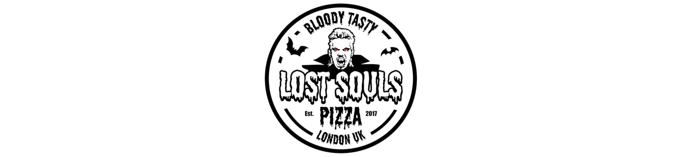 Logo for Lost Souls Pizza, featuring a vampire with red eyes and fangs, bats, and gothic text, with the tagline Bloody Tasty, established 2017, located in London UK.