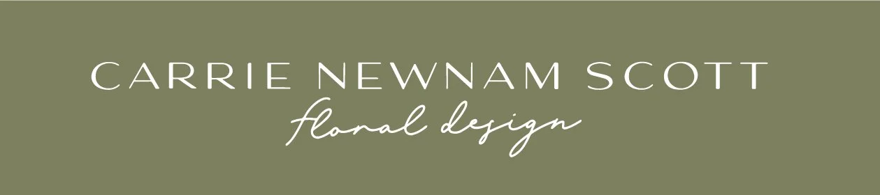 Text reads 'Carrie Newnam Scott floral design' on a muted green background.
