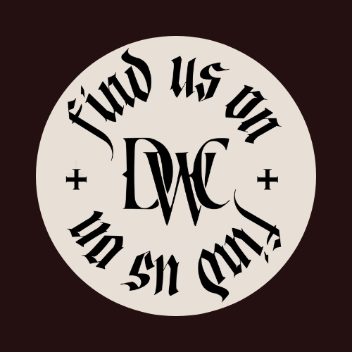 A white circular tattoo with the phrase "Find us on" above and below the central initials "DMC," with small cross symbols on either side.