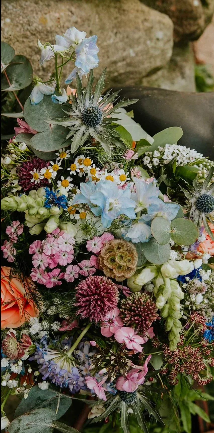 Colorful mixed flower bouquet with blue delphiniums, white daisies, pink carnations, and greenery.