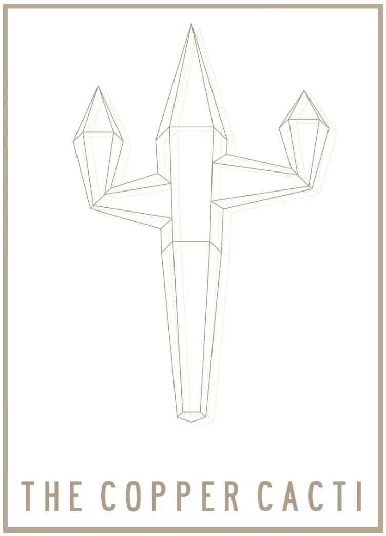 Line drawing of a geometric cactus resembling a metallic copper color, with the text "The Copper Cacti" written below.