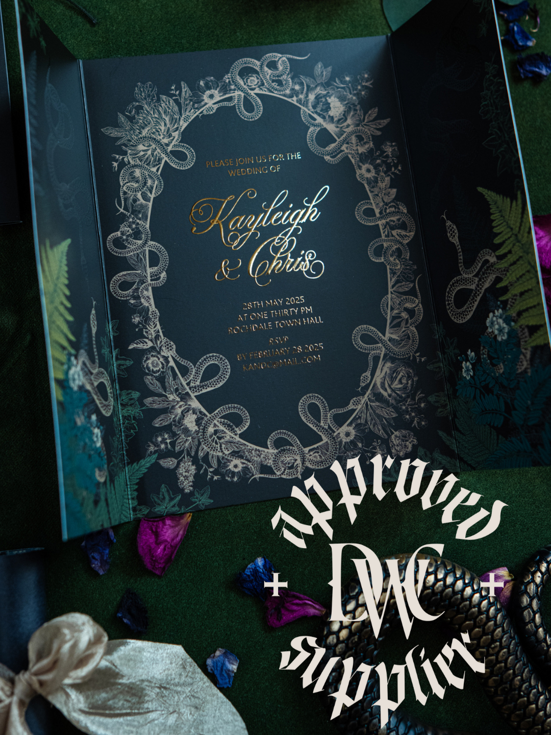 Wedding invitation with floral and snake design, announcing the wedding of Kayleigh and Chris on May 28, 2025, at Rothdale Town Hall, with RSVP details.