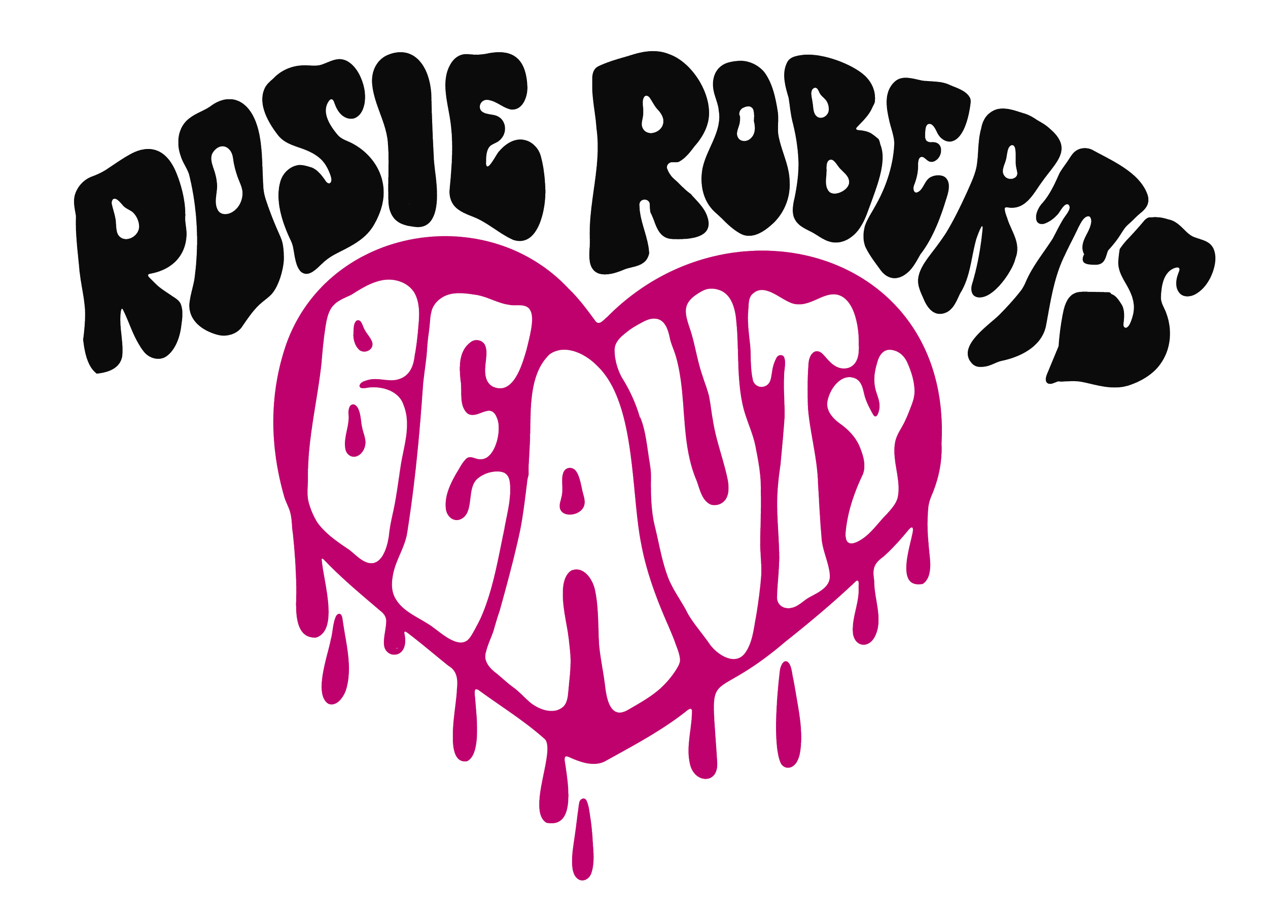 Graphic design with the phrase 'Roxiie's Robots Beasts' written in stylized black lettering, with the words 'Beasts' inside a dripping purple heart symbol, on a black background.