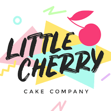 Logo for Little Cherry Cake Company featuring colorful abstract shapes, a cherry, and stylized text