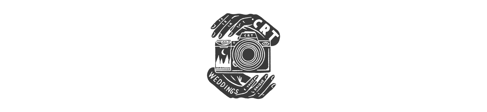 Black and white logo featuring a camera held by two hands with words like 'weddings', 'truth', and 'unique' on the hands.