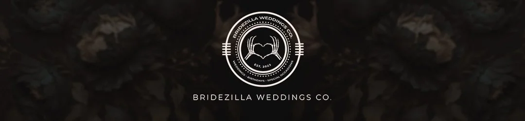 Logo for Bridezilla Weddings Co with a crab illustration in the center, surrounded by circular text, on a dark floral background.