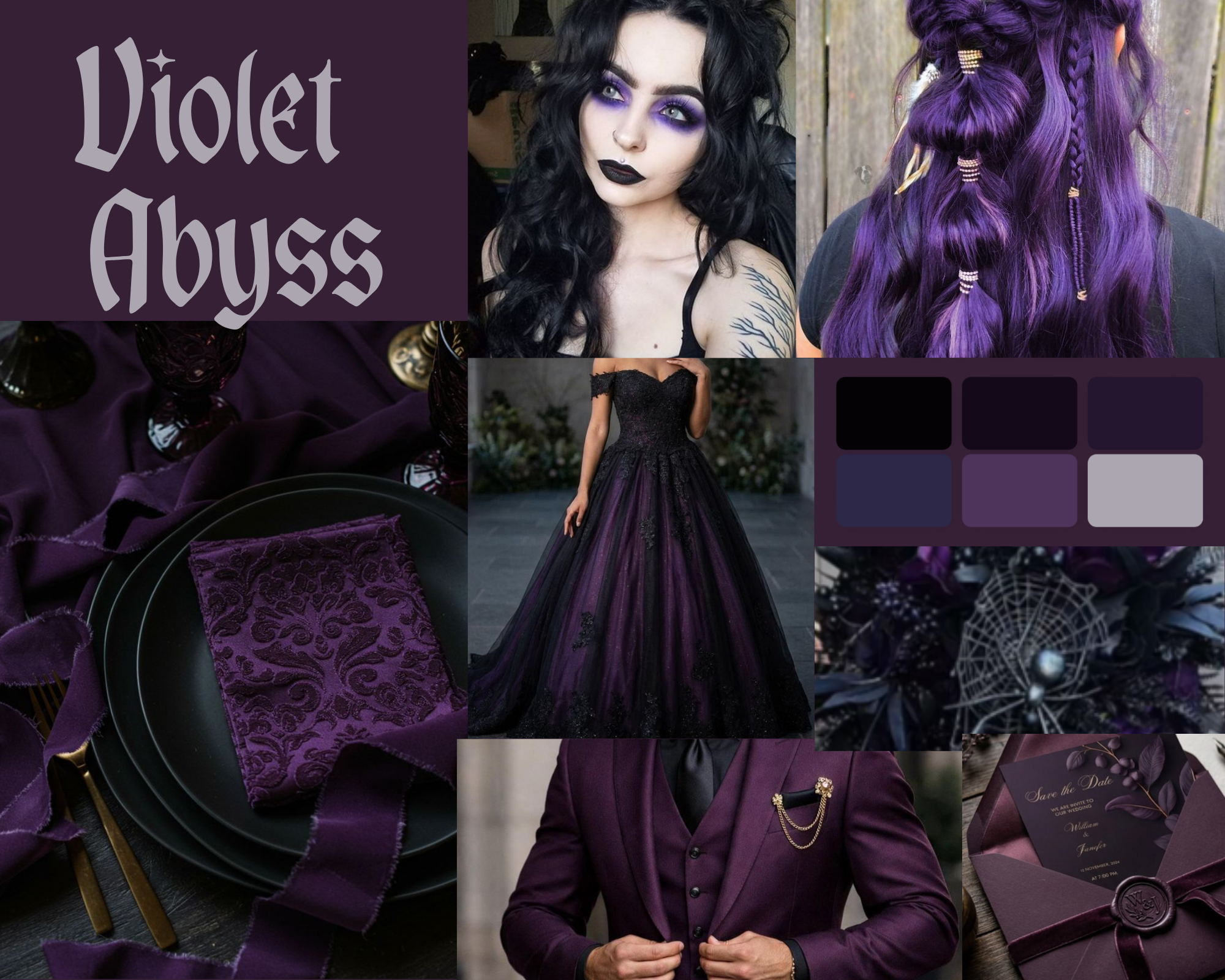 A collage of purple-themed fashion and accessories, featuring a woman with purple eye makeup and black lipstick, a woman with purple braided hair, a purple and black gown, purple fabric, a purple invitation card, and purple decorative elements.