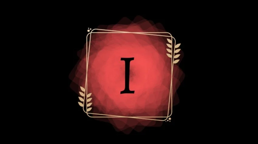 A stylized letter 'I' inside a decorative square frame with a red watercolor background and gold leaf accents on a black background.