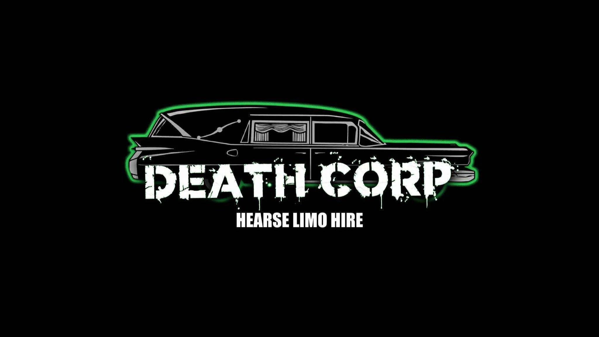 A neon sign with a vintage hearse outlined in white with green neon accents, and the text 'DEATH CORP' in distressed white font, with 'HEARSE LIMO HIRE' underneath.