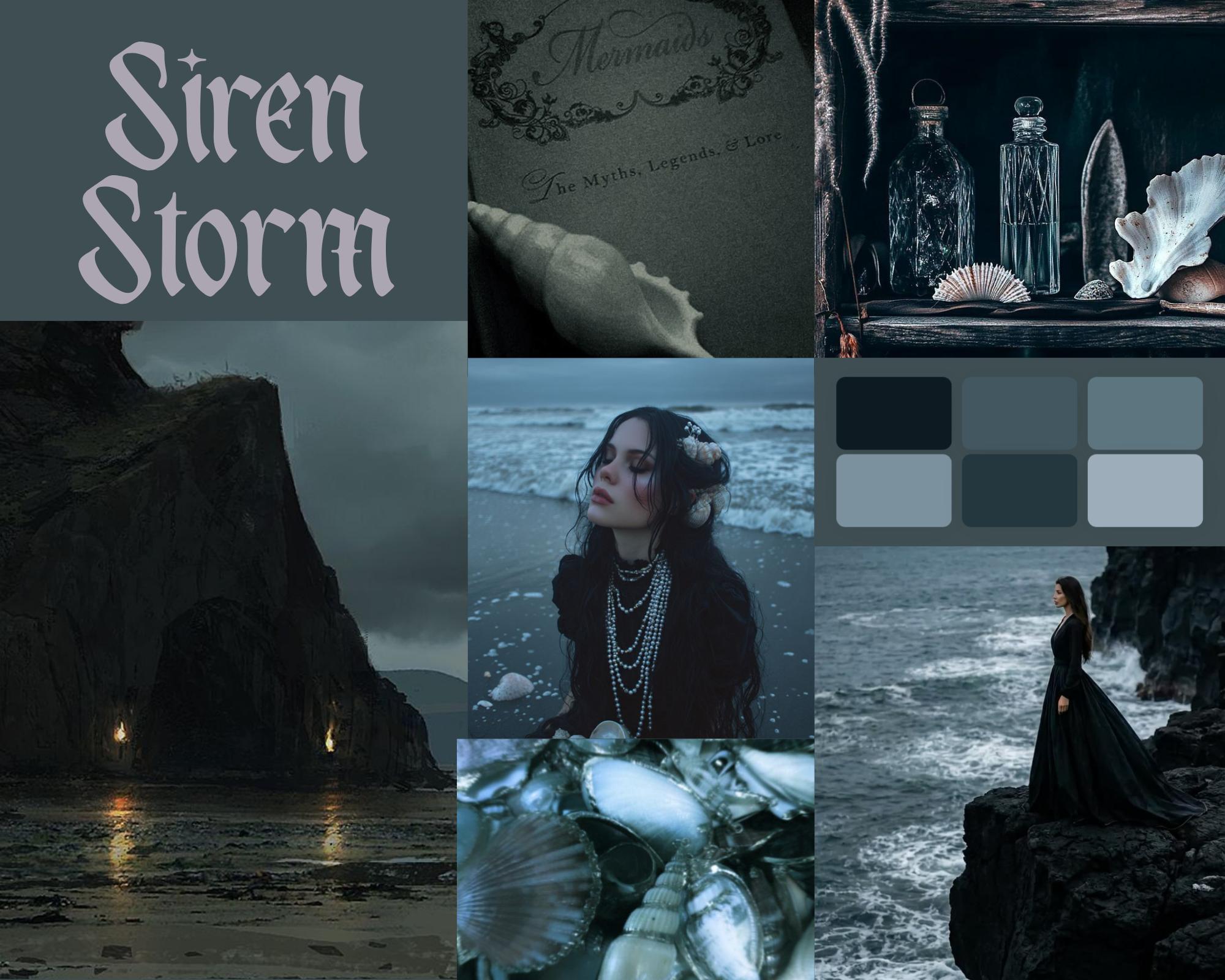 Dark-toned collage with the words "Sirens Story" in large stylized text, featuring images of bottles, seashells, a woman with dark hair and ocean waves, and a book titled "Nomads: The Myths, Legends, & Lore".