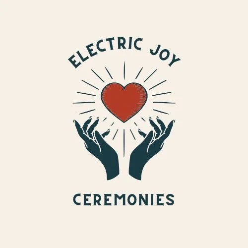 Illustration of two hands holding a glowing heart with lines radiating outward, above the words 'Electric Joy Ceremonies' in a curved font.