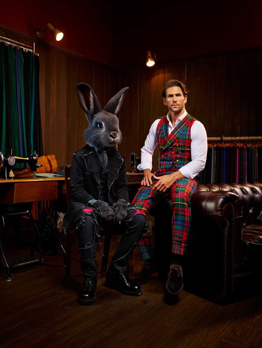 A man dressed in a white shirt and colorful plaid vest and pants sitting on a leather couch, next to a person wearing a rabbit mask and black clothing, in a room with wooden walls and clothing racks.