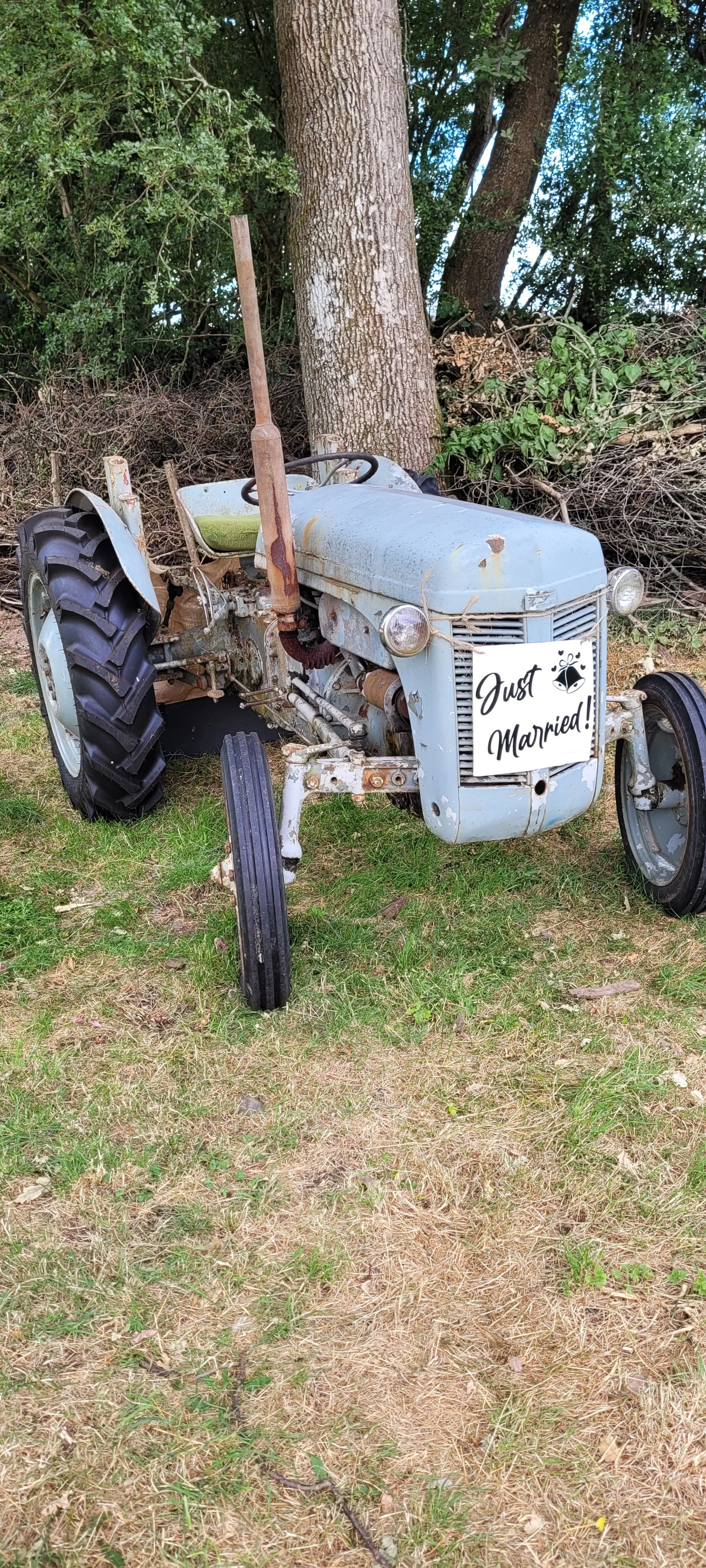 An old rusty tractor with a sign that says 'Just Married!', decorated with a small bell graphic, parked on grass near a tree with dense green foliage.