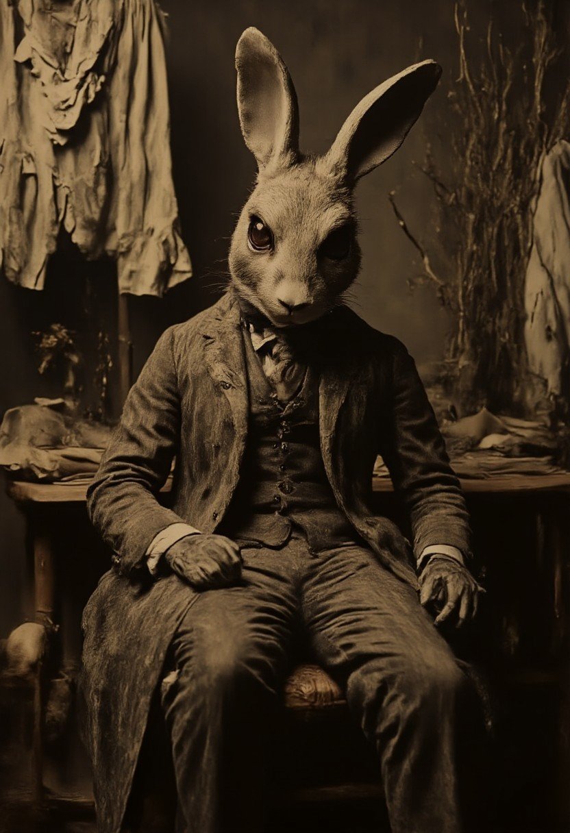 A humanoid figure with a rabbit's head, dressed in 19th-century-style clothing, sitting on a vintage wooden chair in a dimly lit room with old-fashioned decor.