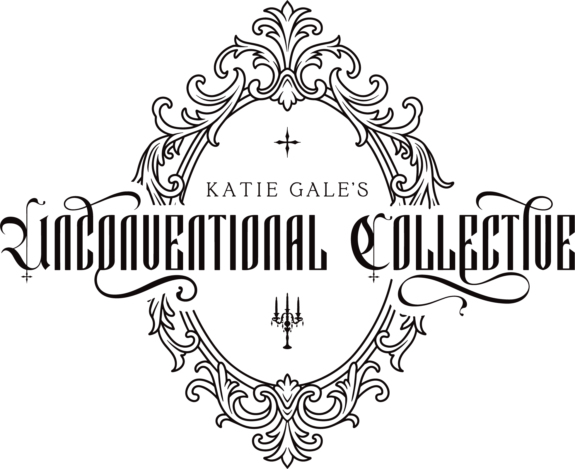 Dark ornate logo with text reading 'Katie Gale's UnConventional Collector' in a vintage style.