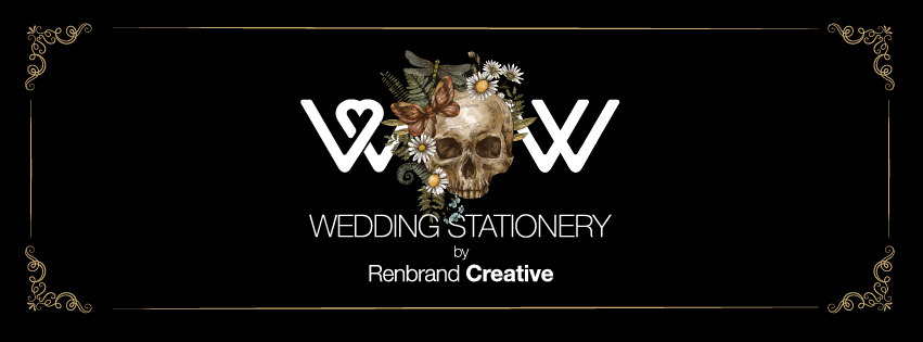 Black wedding stationery cover featuring a skull with flowers and a butterfly, with decorative gold corners and the text 'Wedding Stationery by Renbrand Creative'.