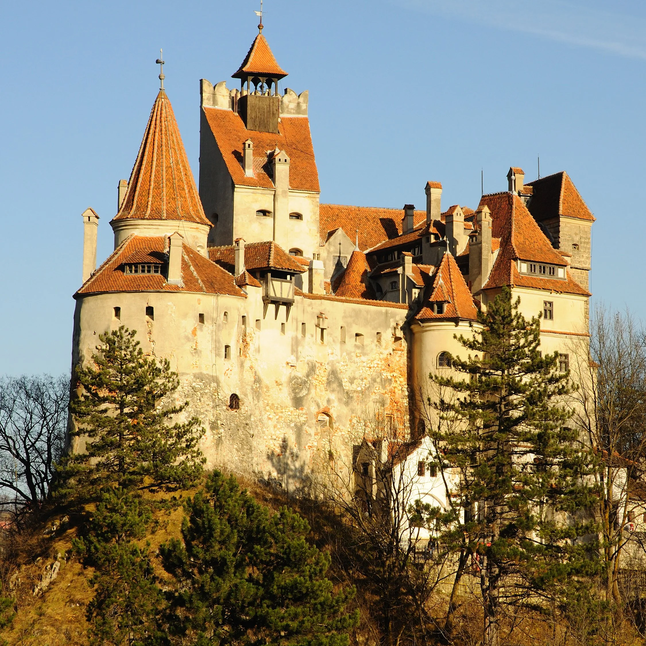 Medieval castle with orange-tiled roofs on a hill, surrounded by pine trees, under a clear blue sky.